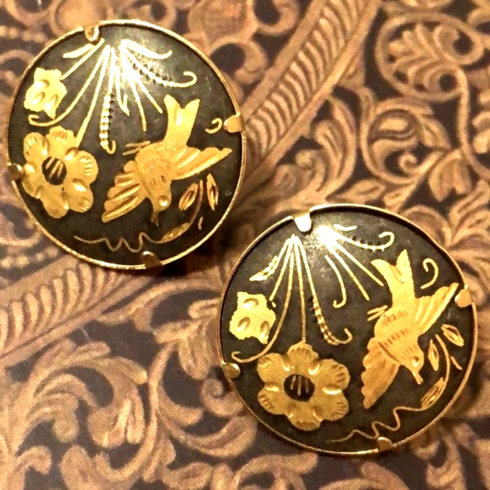 Vintage Damascene Clip Earrings